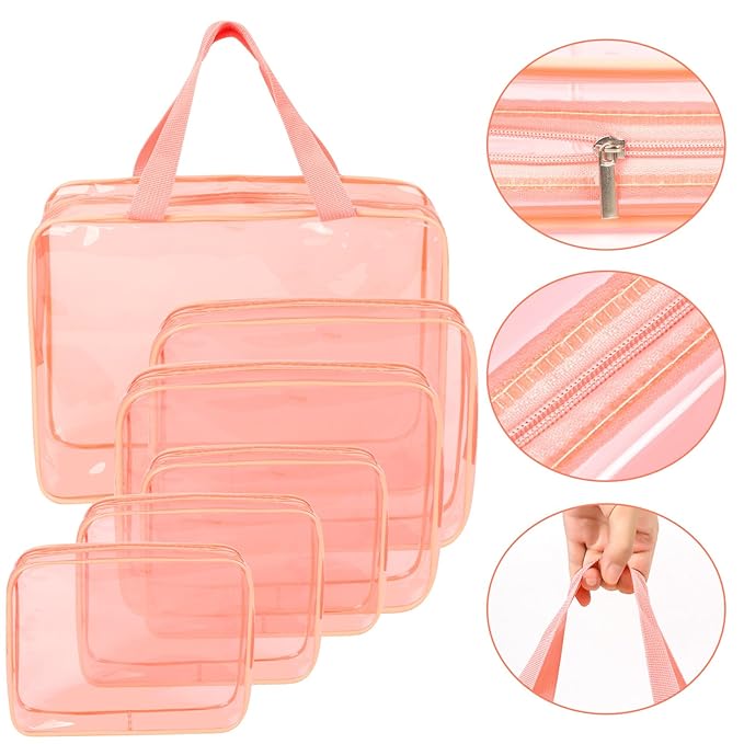 APREUTY Clear Makeup Bags, TSA Approved 6 Pcs Cosmetic Makeup Bags Set Clear PVC with Zipper Handle Portable Travel Luggage Pouch Airport Airline Vacation Organization (Peach)