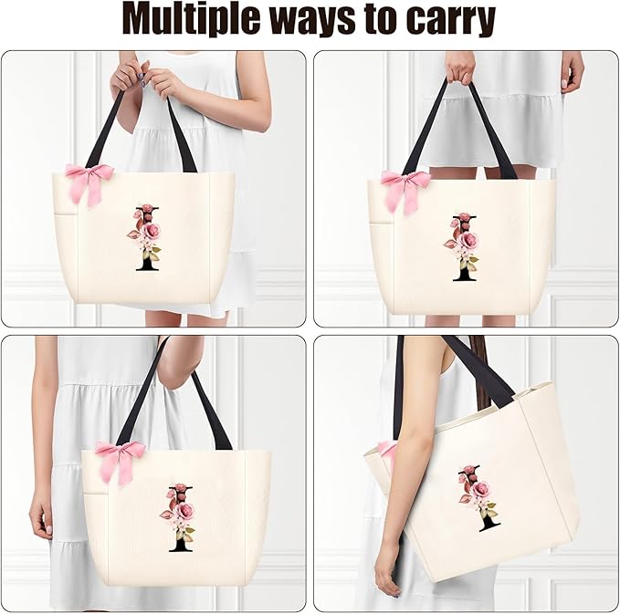 Vavabox Tote Bag, A-Z Initial Monogrammed Waterproof Tote Bag, Bridesmaid Gifts for Women, Black and Pink