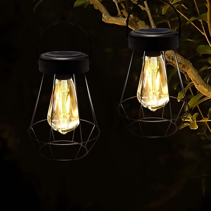 Solar Lanterns Outdoor Lights,Metal Hanging Solar Lights Outdoor Waterproof,Auto On/Off with Edison Bulb Retro Light for Yard Garden Patio Backyard Pathway Decor 2 Pack