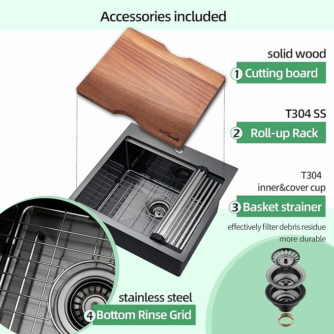 21 x 20 x 10 Drop-in Kitchen Sink - 16 Gauge Gunmetal Black Stainless Steel Workstation Single Bowl With Cutting Board