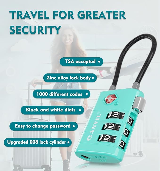 ANVIL TSA Approved Luggage Locks – High Security TSA008 Combination Travel Locks with Inspection Indicator for Suitcases and Backpacks. (4, Cyan)