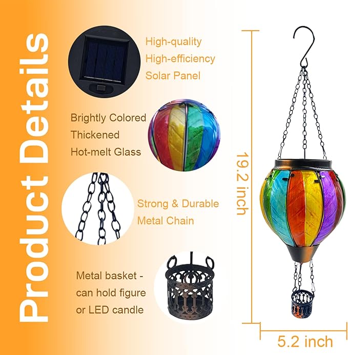 Colorful Hot Air Balloon Solar Lantern with Flickering Flame Light Glass Hanging Solar Lanterns Outdoor Waterproof for Garden Tree Yard Patio Party Decor