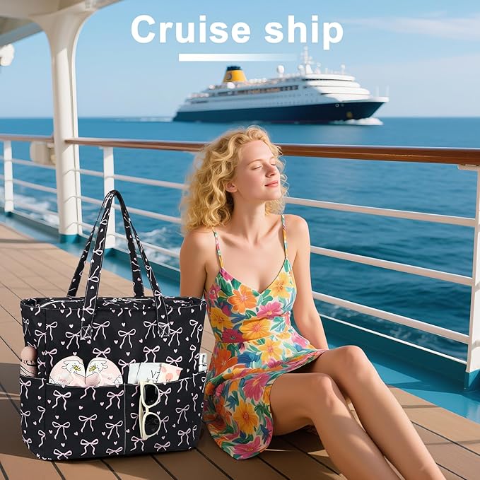 LEDAOU Large Beach Tote Bag Women Waterproof Sandproof Zipper Beach Tote Bag for Pool Gym Grocery Travel with Wet Pocket
