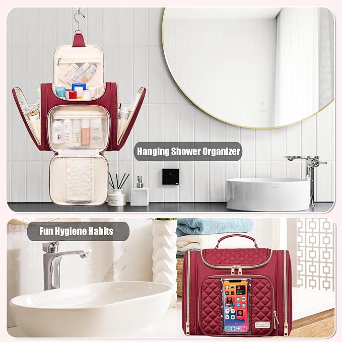 Travel Toiletry Bag for Women, Hanging Toiletry Bag, Bathroom Bag Portable Shower Caddy for College Dorm Travel Shower Bag for Women Water-Resistant Cosmetic Makeup Bag (Red)