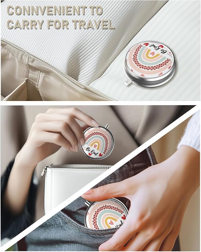 Pill Box, 3 Compartment Portable Travel Medicine Box with Mirror, Compact and Cute, Fits in Purse and Pocket, Medicine and Vitamin Organizer (Rainbow)