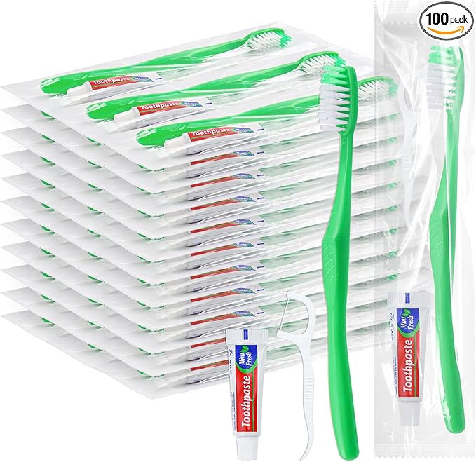 Disposable Toothbrushes with Toothpaste and Floss,100Pcs Green Single Use Individually Wrapped Disposable Travel Toothbrushes and Dental Floss Kit Bulk for Homeless,Airbnb,Hotel,Dentist