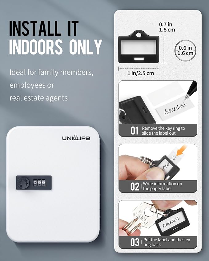 Uniclife 20 Position Key Cabinet with Combination Lock Resettable White Digital Security Storage Box Steel Key Organizer with Colorful Key Tag Labels Stickers and Hooks