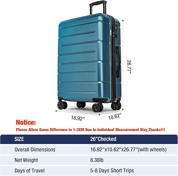 KYME 26 Inch Luggage TSA Approved Hardshell 26" Suitcases with Spinner Wheels Durable Medium Travel Checked Luggage with Cup Holder for Women Men Blue