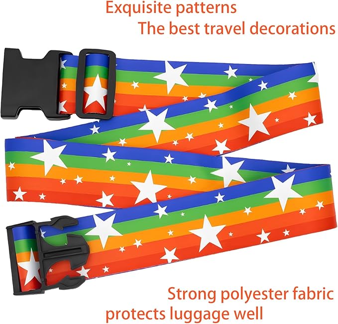 Rainbow Stars Luggage Straps for Suitcases, Adjustable Luggage Travel Belt to Keep Luggage Security While Travel, Strong Polyester Fabric, Easy-to-Recognize Funny Pattern Travel Essentials, 2 Pack