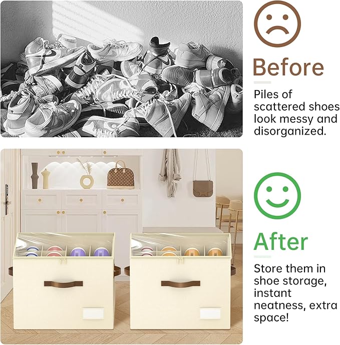 Shoe Organizer for Closet, Foldable Shoe Storage Containers, Fits up to 16 Pairs, Large Shoe Storage Organizer Box Cubby Baskets Bins with Clear Cover and Reinforced Handles, Beige