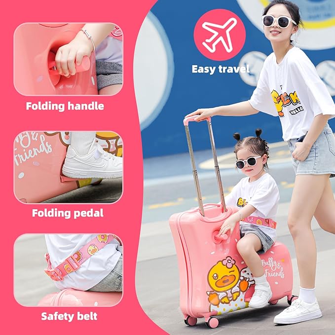 Kids' Lightweight Ride on Luggage with Spinner Wheels & Foldabe Design (Pink Rabbit, 24"+ Aged 3-12 Toddler)