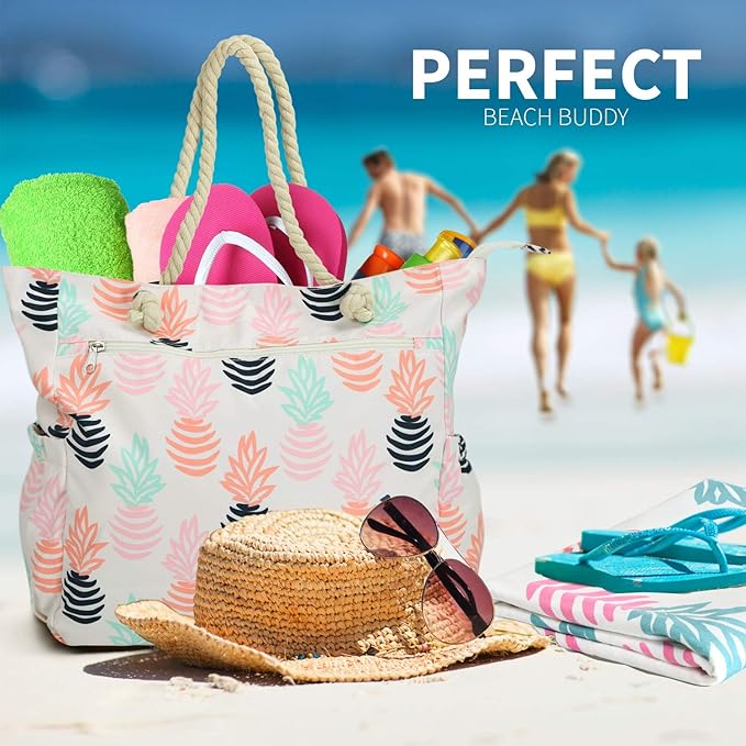 Beach Bag Spacious Shoulder Tote Travel & Gym Bag w/Multiple Pockets & Strong Zipper