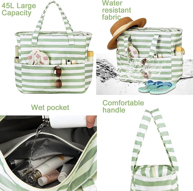 LEDAOU Beach Bag Waterproof Sandproof Women Tote Bag Pool Bag with Zipper for Gym Grocery Travel with Wet Pocket