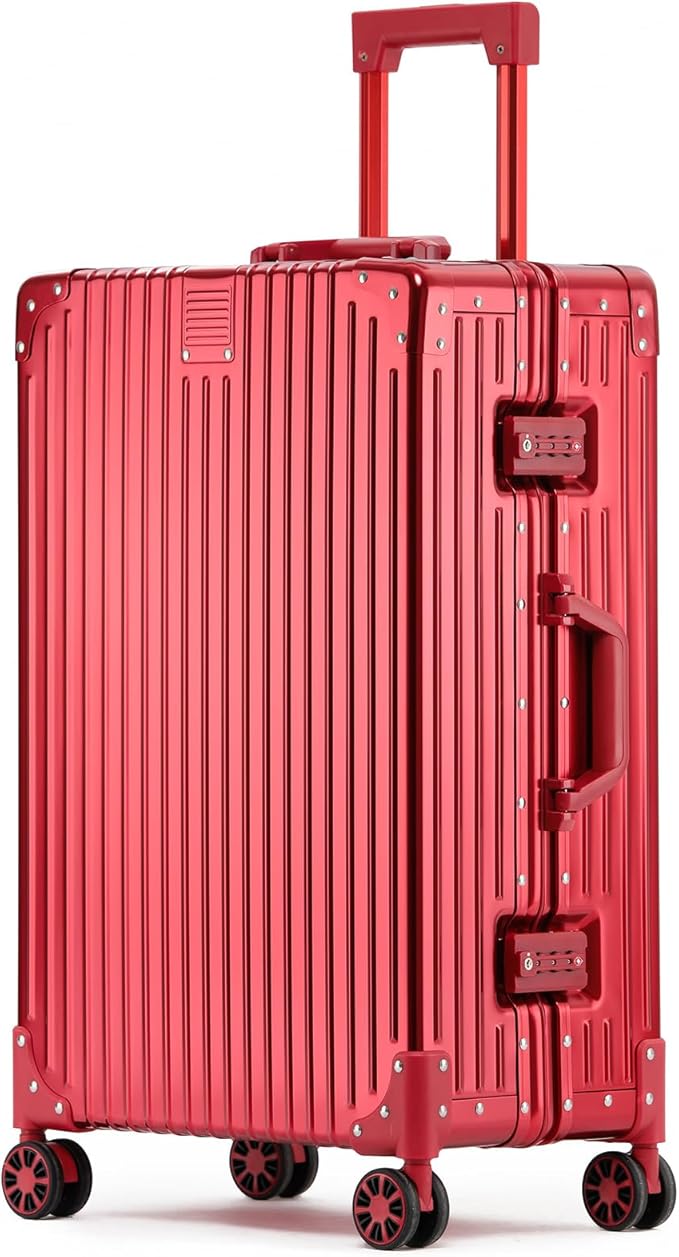 Metal All Aluminum Carry-on Luggage TSA Customs Lock Zipperless Silent Rotary Wheel Business Suitcase Aluminum Frame Set (red, 26 '')