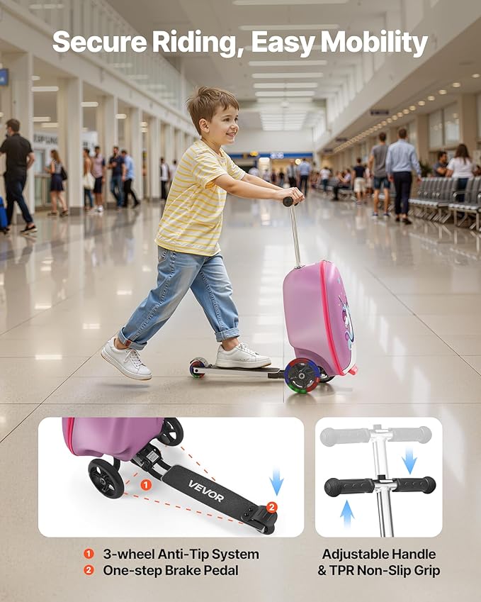 VEVOR Ride-on Luggage, 20 L Capacity, 20 Inches Kids Scooter Suitcase with Flash PU Wheels, Adjustable Handle & TPR Non-Slip Grip, Foldable & Lightweight Scooter Luggage for Kids Aged 5+, Purple