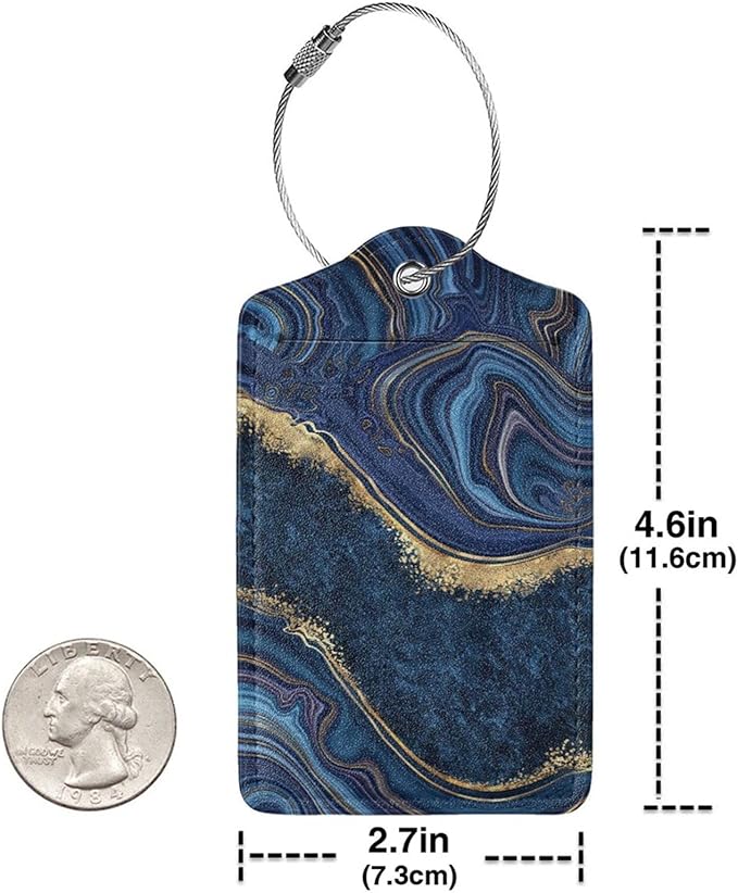 2PC Dark Blue Marble Luggage Tags Leather Suitcase Tag Privacy Name ID Card Quick to Find Out Travel Bag Labels with Stainless Steel Loop for Women Men Chilren Set of 2