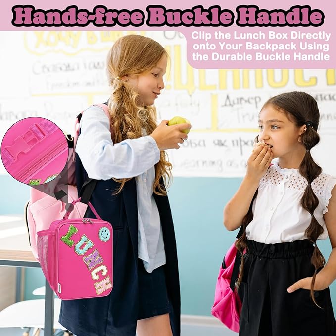 FlowFly Lunch box Insulated Soft Bag Mini Cooler Back to School Thermal Meal Tote Kit With Buckle and Mesh Side Pocket for Girls, Boys, RoseRedWithLetter