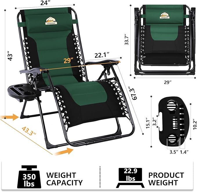 Oversized Padded Zero Gravity Lounge Chair Set of 2, Foldable Patio Anti Gravity Reclining Chairs Folding Lawn Recliner with Cup Holder for Yard, Camping, Outdoor, Support 350 LBS, Green
