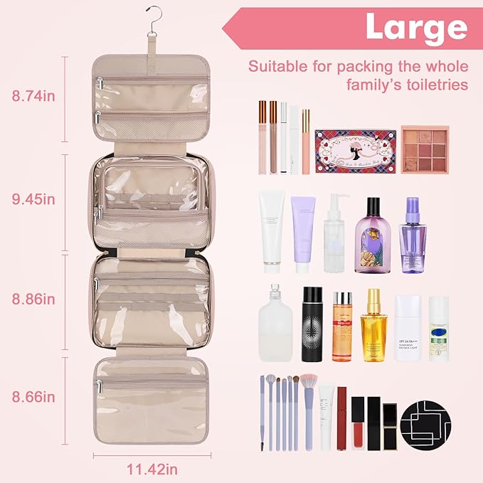 Wedama Toiletry Bag for Women, Large Cosmetic Travel Bag, Hanging Toiletry Bag for Bathroom, Thickened PVC Waterproof Makeup Bag, Toiletries Bag for Travel Business Trips and Camping, Baby Pink