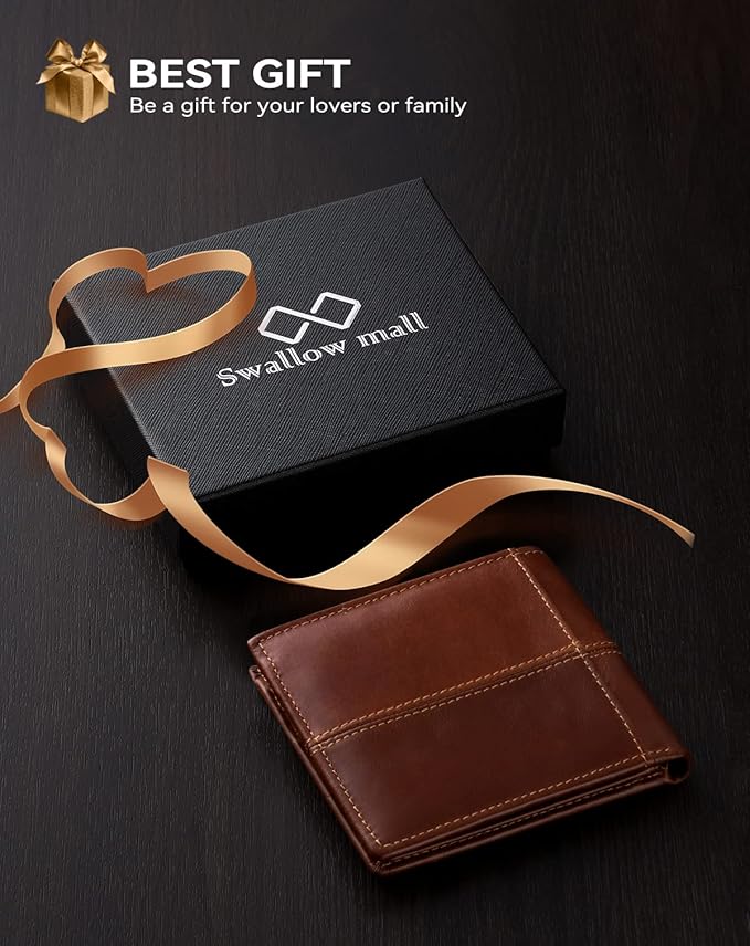 Swallowmall Mens Wallet Rfid Blocking Genuine Leather Bifold Wallets with 1 ID Window 15 Card Slots