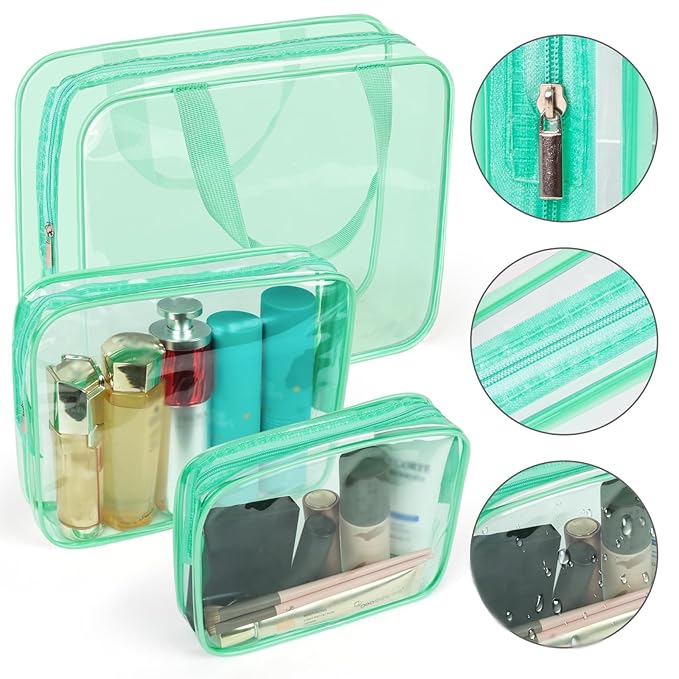 APREUTY Clear Makeup Bags, TSA Approved 6 Pcs Cosmetic Makeup Bags Set Clear PVC with Zipper Handle Portable Travel Luggage Pouch Airport Airline Vacation Organization (Mint Green)