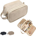 Travel Toiletry Bag for Women PU Triple-layer Double Zipper Toiletry Bags,Toiletries bag Women Waterproof with Handle Stowable Brushes, Toiletries Makeup for Business Trips Camping Bathroom Beige