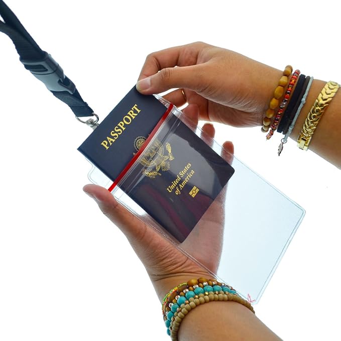 5 Pack - Passport & Vaccination Card Holder - Heavy Duty Waterproof Tear Resistant Sleeve with Zip Top & Premium Breakaway Lanyard - 4X6 Insert for Cruise, Travel, & Beach Vacation Documents