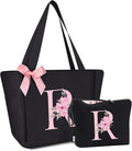 Vavabox Tote Bag, A-Z Initial Monogrammed Waterproof Tote Bag, Bridesmaid Gifts for Women, Black and Pink