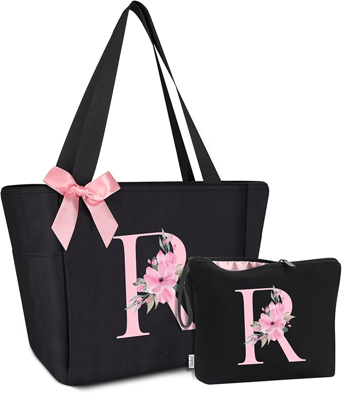 Vavabox Tote Bag, A-Z Initial Monogrammed Waterproof Tote Bag, Bridesmaid Gifts for Women, Black and Pink