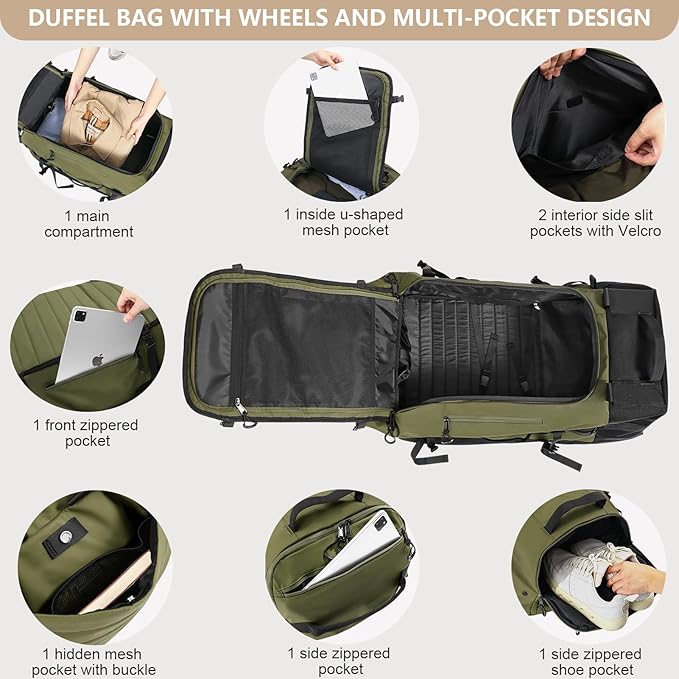 CONTAIL 86L Foldable Wheeled Duffel Backpack with Padded Quilted Bottom, Waterproof Collapsible Travel Duffle Bag with Extended Web Handles,No Telescope Handle,Army Green