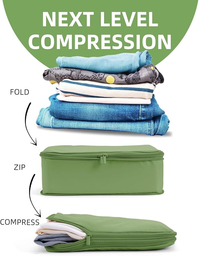 6 Set Compression Packing Cubes for Travel, Large Medium Small Luggage Organizers, Storage Bags for Clothes (6 Pack, Forest Green)