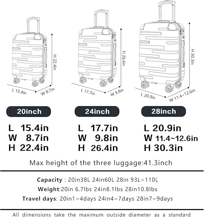 Coolife Luggage Suitcase Carry-on Hardside Travel Luggage TSA Lock Spinner Telescopic Handle