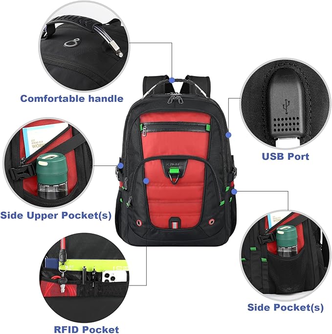 Z-MGKISS 18.4-19 Inch Extra Large Laptop Backpack, Travel Backpack for Men & Women, School Rucksack Bag with USB Charging Port and Multiple Compartments, Business Work College Daypack, Red