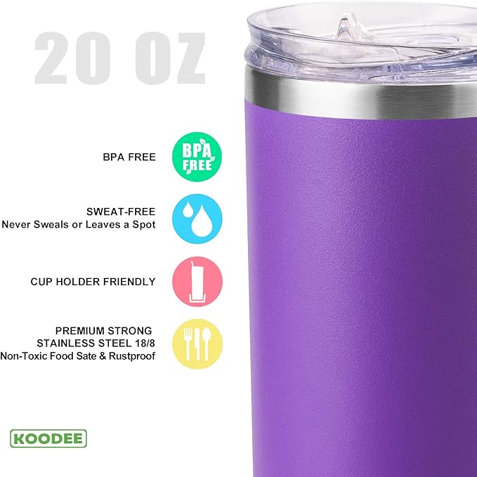 koodee Tumbler with Lid and Straw-20 oz Stainless Steel Vacuum Insulated Coffee Traver Mug for Women- Beach Cup Tumbler (Purple-Black)