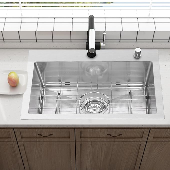 Drop In Kitchen Sink 28x18", 9" Basin Depth, 18 Gauge Stainless Steel Sink, 3D Embossed Surface Finish Top Mount with Accessories