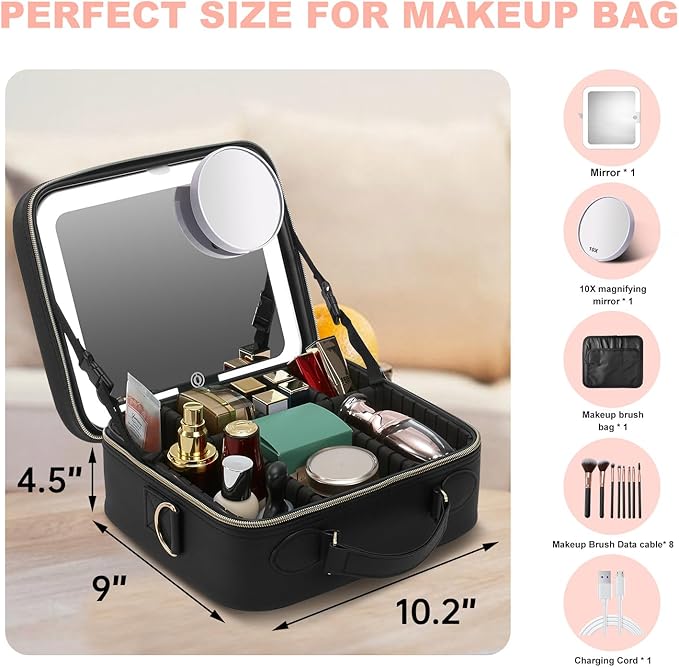 Mocado Travel Makeup Bag with LED Lighted Mirror,Travel Makeup Organizer, Makeup Case with 8 Makeup Brushes and 10x Magnifying Mirror, 3 Color Lighting, Adjustable Divider Makeup Box(Black Lozenge)