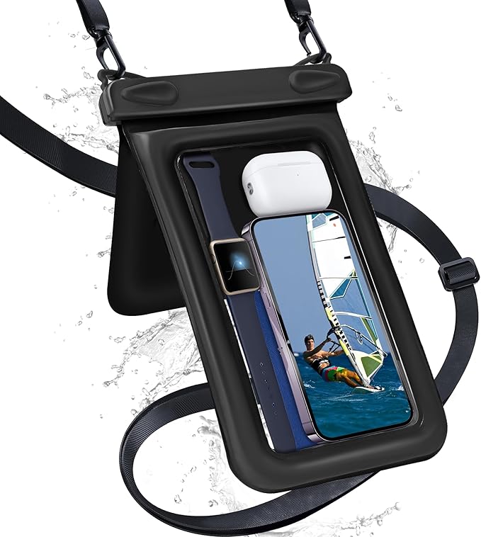 Waterproof Phone Pouch Double Pocket, Floating IPX8 8.5 inch Waterproof Phone Case for Beach Vacation Essentials for Compatible iPhone 16 15 14 Pro Max Galaxy S25 S24 Ultra Phone Pouch Black
