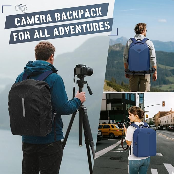 RAINSMORE Camera Backpack Hard Shell for DSLR/SLR Waterproof Camera Bag with Laptop Compartment 15.6 Inch Professional Camera Case with Rain Cover Photography Backpack Bag with Camera Lens Case Blue