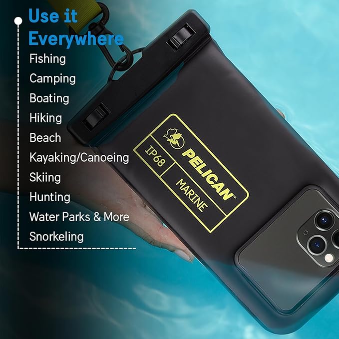 Pelican 4 Pack Marine - IP68 Waterproof Phone Pouch (Regular Size) Floating Waterproof Phone Case - Beach Cruise Ship Travel Essentials - Works w/All Phones - Detachable Lanyard - Black/Hi-Vis Yellow