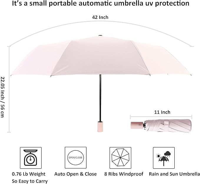 BAODINI Small UV Protection Travel Umbrella Compact for Rain and Sun UPF 50+ 41 inch Portable Umbrella for Women and Men