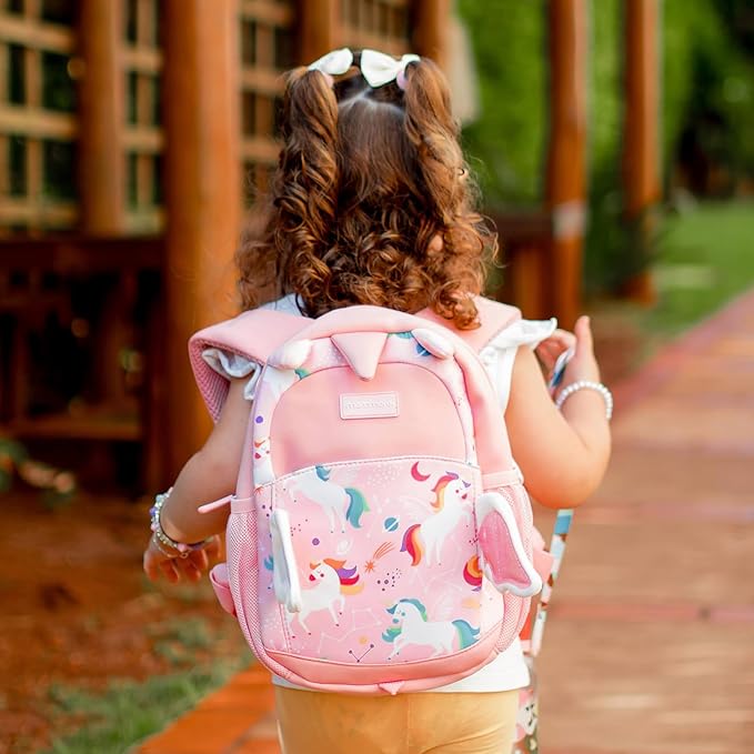 mommore Toddler Backpack for Girls 2-4 Neoprene Unicorn Backpack with Kids Leash, 3D Cartoon Preschool Kindergarten Bookbag for Pre-k, Pink