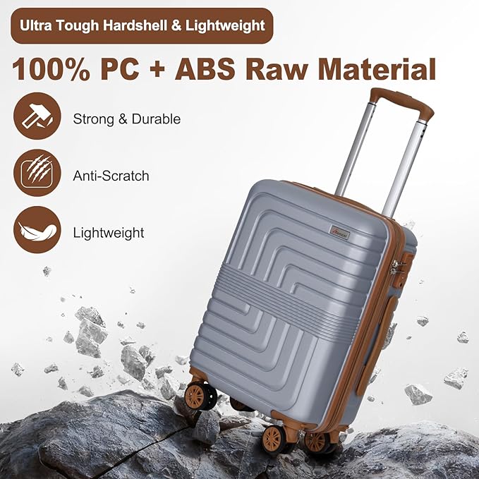 Romswi Luggage Sets 2 Piece 22In, Expandable 22x14x9 Carry On Luggage with Travel Backpack, PC+ABS Hardside Suitcase Set with TSA Lock, Durable Carry On Suitcase with Spinner Wheels Silver