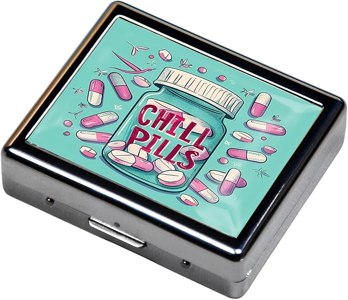 Cute and Portable Metal Pill Organizer – 8 Compartments, Elegant Chrome Finish, Ideal for Travel and Daily Use (Chill Pills Fun)