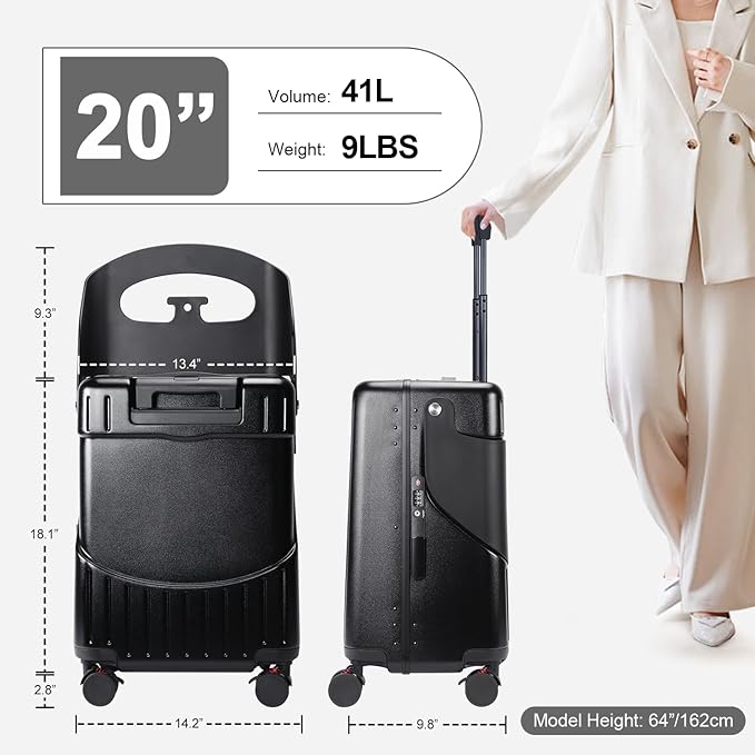 MRPLUM Ride On Luggage with Seat for Kids&Adults with Seat Belt,Hard Shell Lightweight Rolling Spinner Wheels Travel Luggage with TSA Lock,20 inch,Black