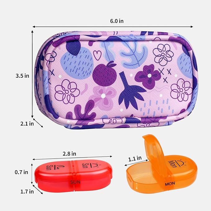 Serfeymi Weekly Travel Pill Organizer 2 Times A Day AM PM Upgraded Rainbow Pill Box 7 Day with Portable Zipper PU Leather Pill Case, Medicine Organizer for Pills, Vitamins, Fish Oils - Purple 02