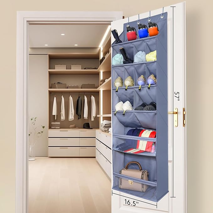 Over The Door Shoe Organizer with Large Deep Pockets Hanging Multifunction Shoe Holder for Narrow Door Dorm Closet, Grey 16 Pockets