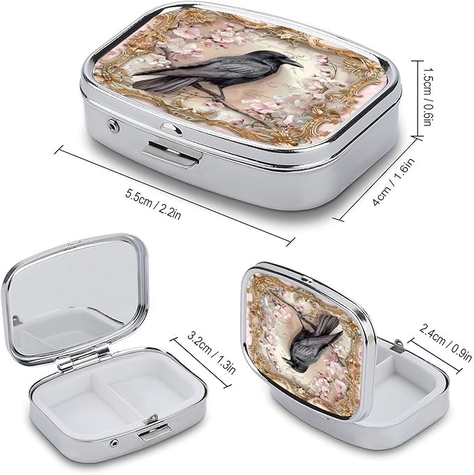 Metal 2 Compartment Pill Organizer Travel Friendly Portable Compact Pill Box Cute Pill Case to Hold Vitamins,Fish Oil,Supplements,Meds,Tablet for Purse,Pocket. (The Bird)