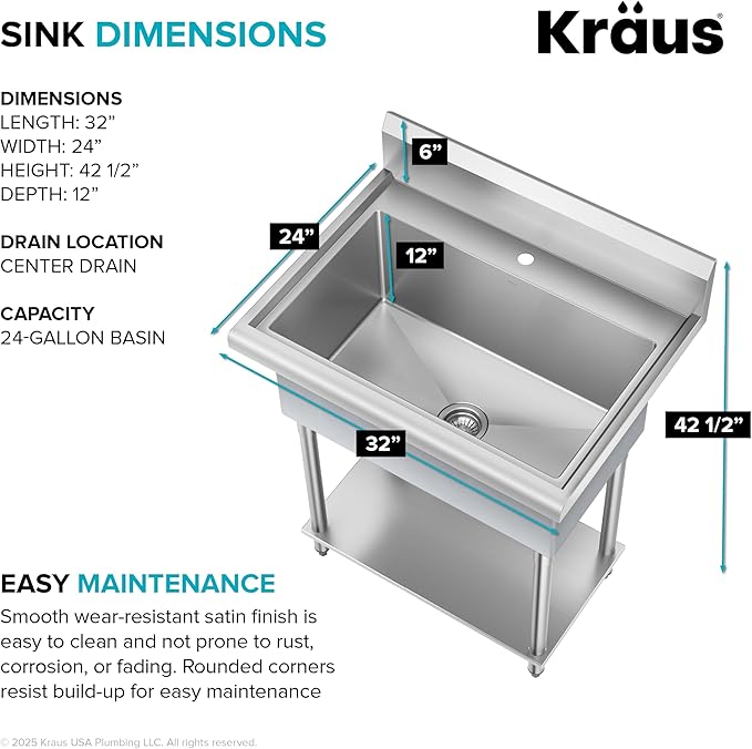 KRAUS Standart Pro 32 Inch 18-Gauge Stainless Steel Scullery Sink, 24 Gallon Freestanding Commercial Style Single Bowl Laundry & Utility Sink, KHS230-32