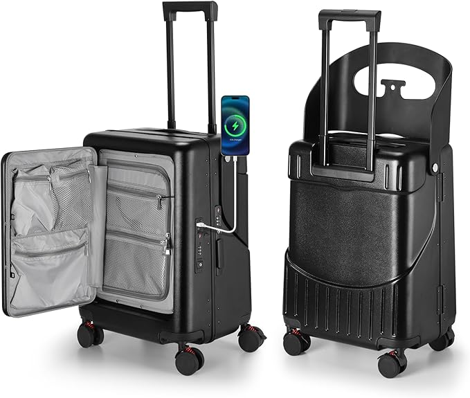 Ride On Luggage with Foldable Seat for Kids&Adults with Seat Belt,Hardshell Ride On Suitcase with Front Pocket,Lockable 4-Spinner Wheels,USB Port,TSA Lock,20 inch,Black