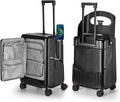 Ride On Luggage with Foldable Seat for Kids&Adults with Seat Belt,Hardshell Ride On Suitcase with Front Pocket,Lockable 4-Spinner Wheels,USB Port,TSA Lock,20 inch,Black